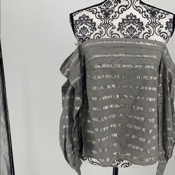 1.State Womens Sparkly Dressy Strapless Top silver metallic fringe off shoulder - Picture 6 of 13